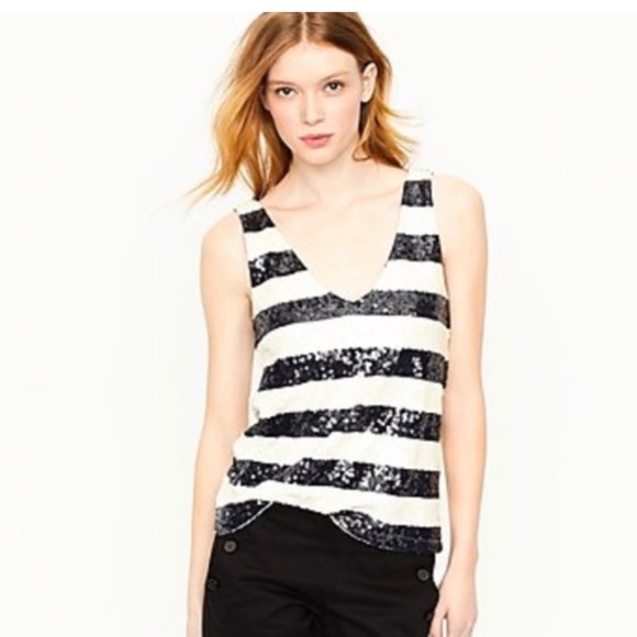 J Crew Factory Sequin Embellished Navy Blue and White Striped Cotton Tan… - Picture 1 of 11